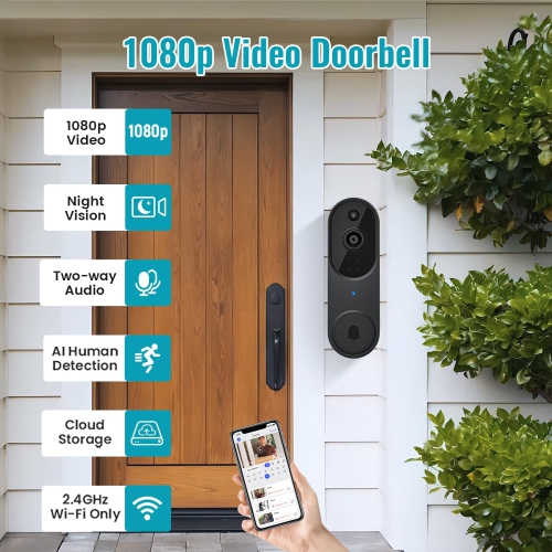 LDAS A2 Video 1080P Doorbell Camera Wireless with Chime, Cloud Storage, Night Vision, 2.4Ghz WiFi, Live Image, 2-Way Audio, Indoor Surveillance,
