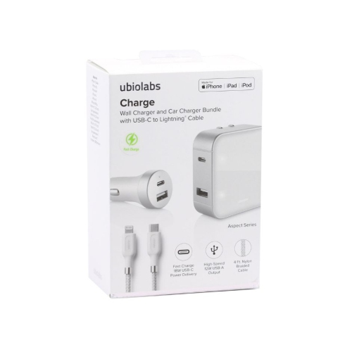 Ubio Labs Charge Wall Charger And Car Charger Bundle With USB-C to Lightning Cable | Color: White