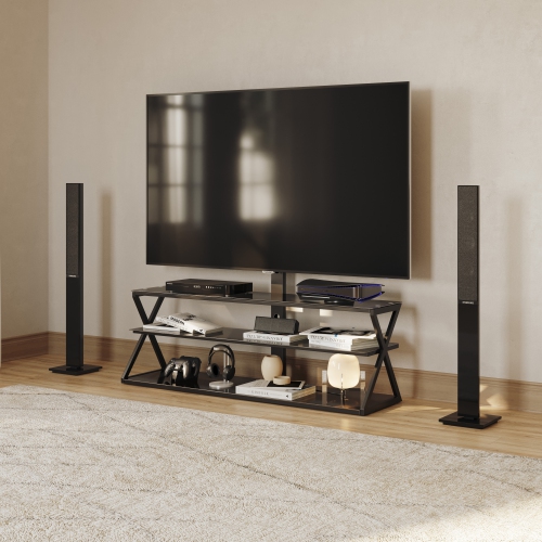 CorLiving TechMount Pro Black Tempered Glass and Metal TV Stand with TV Mount for Most TVs up to 65"