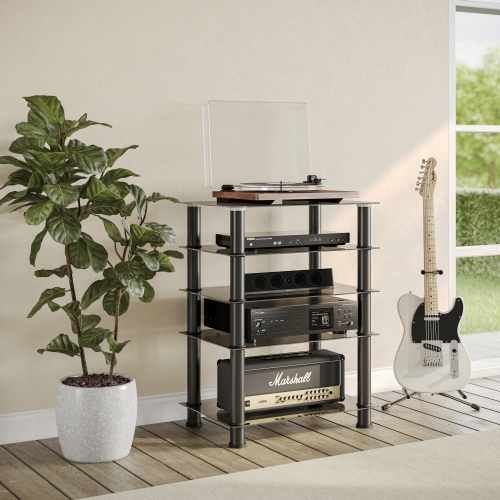 Image 1 of 7.. CorLiving Laurent Black Tempered Glass and Metal Customizable 5-Tier Media Component Stand