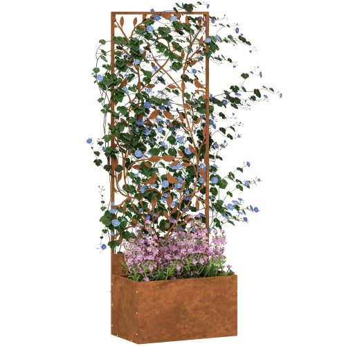 OUTSUNNY  Raised Garden Bed \w Trellis, 46.5" Outdoor Privacy Screen \w Planter Box, Metal Privacy Planter, Wall-Mounted Or Freestanding Privacy