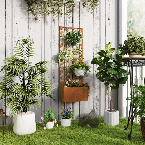 Outsunny Raised Garden Bed with Trellis, 46.5" Outdoor Privacy Screen with Planter Box, Metal Privacy Planter, Wall-Mounted or Freestanding Privacy