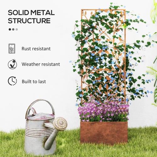 Outsunny Raised Garden Bed with Trellis, 46.5" Outdoor Privacy Screen with Planter Box, Metal Privacy Planter, Wall-Mounted or Freestanding Privacy