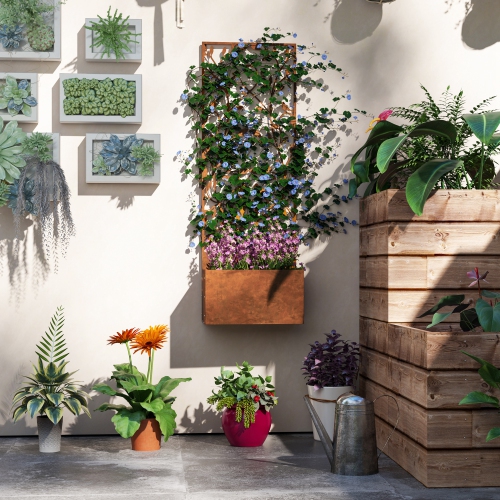 Outsunny Raised Garden Bed with Trellis, 46.5" Outdoor Privacy Screen with Planter Box, Metal Privacy Planter, Wall-Mounted or Freestanding Privacy