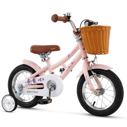 Costway 12 Inch Bicycle with Height Adjustable Handlebar & Seat Basket Bell Training Wheels Pink