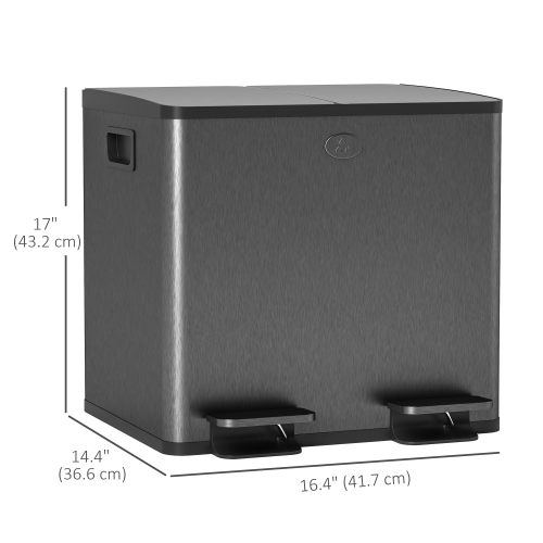 HOMCOM Dual Kitchen Garbage Bin, 2 x 4 Gallon Trash Can with Foot Pedal, Soft-Close Garbage Can with Removable Inner Buckets, Fingerprint-Proof for