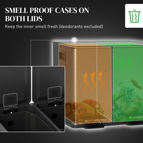 HOMCOM Dual Kitchen Garbage Bin, 2 x 4 Gallon Trash Can with Foot Pedal, Soft-Close Garbage Can with Removable Inner Buckets, Fingerprint-Proof for