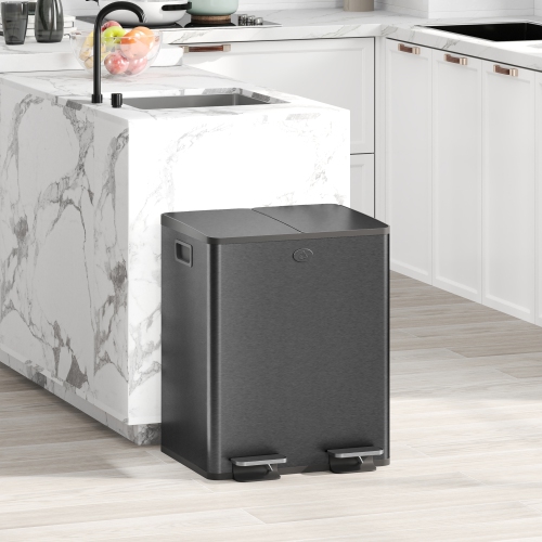 HOMCOM Dual Kitchen Garbage Bin, 2 x 5 Gallon Trash Can with Foot Pedal, Soft-Close Garbage Can with Removable Inner Buckets, Fingerprint-Proof for