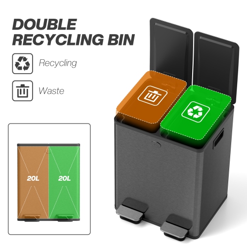 HOMCOM Dual Kitchen Garbage Bin, 2 x 5 Gallon Trash Can with Foot Pedal, Soft-Close Garbage Can with Removable Inner Buckets, Fingerprint-Proof for