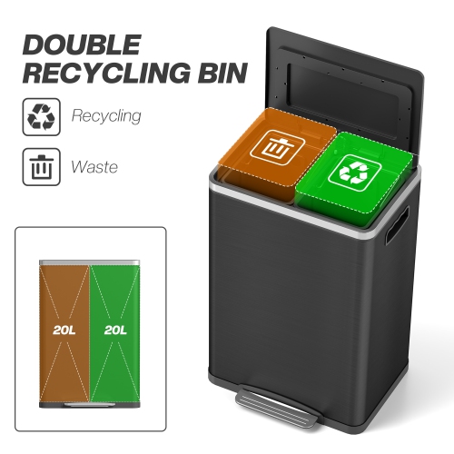 HOMCOM Dual Kitchen Garbage Bin, 2 x 5 Gallon Trash Can with Foot Pedal, Soft-Close Garbage Can with Removable Inner Buckets, Lid, Fingerprint-Proof