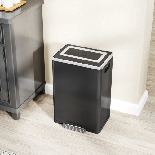 HOMCOM Dual Kitchen Garbage Bin, 2 x 5 Gallon Trash Can with Foot Pedal, Soft-Close Garbage Can with Removable Inner Buckets, Lid, Fingerprint-Proof