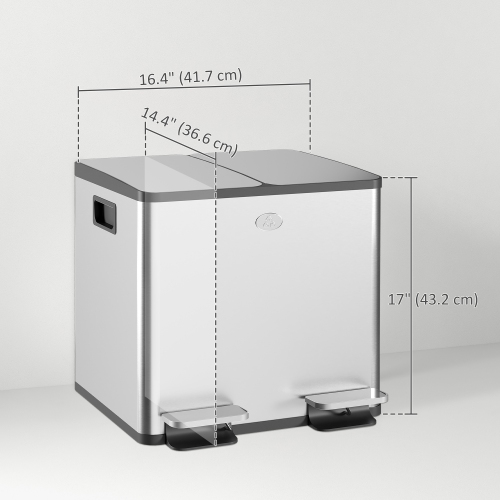 HOMCOM Dual Kitchen Garbage Bin, 2 x 4 Gallon Trash Can with Foot Pedal, Soft-Close Garbage Can with Removable Inner Buckets, Fingerprint-Proof for