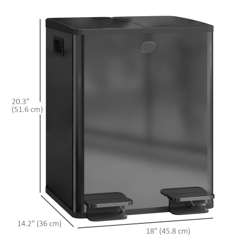 HOMCOM Dual Kitchen Garbage Bin, 2 x 5 Gallon Trash Can with Foot Pedal, Soft-Close Garbage Can with Removable Inner Buckets, Fingerprint-Proof for