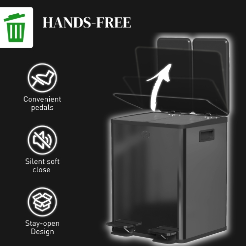 HOMCOM Dual Kitchen Garbage Bin, 2 x 5 Gallon Trash Can with Foot Pedal, Soft-Close Garbage Can with Removable Inner Buckets, Fingerprint-Proof for