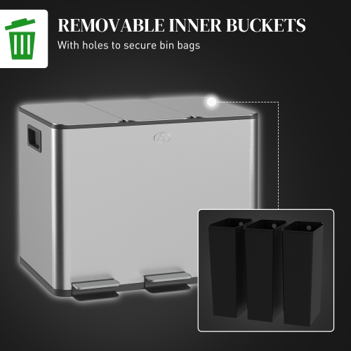 HOMCOM Triple Kitchen Garbage Bin, 3 x 5 Gallon Trash Can with Foot Pedal, Soft-Close Garbage Can with Removable Inner Buckets, Fingerprint-Proof for