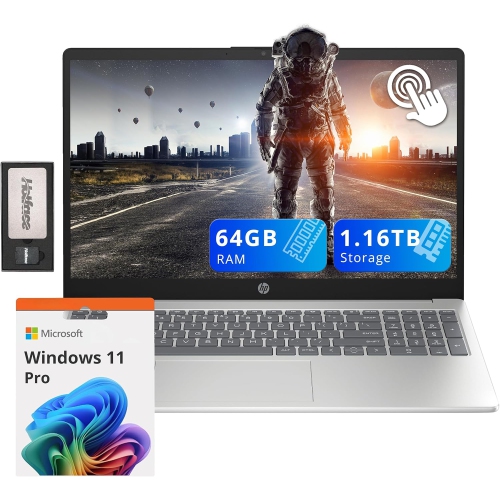 HP  15.6" HD Touchscreen Laptop, Intel I3-1215U, 64GB Ram, 1.16Tb Storage(1Tb SSD+160GB Docking Station Set), Intel Uhd Graphics, Fast Charge, Wi-Fi