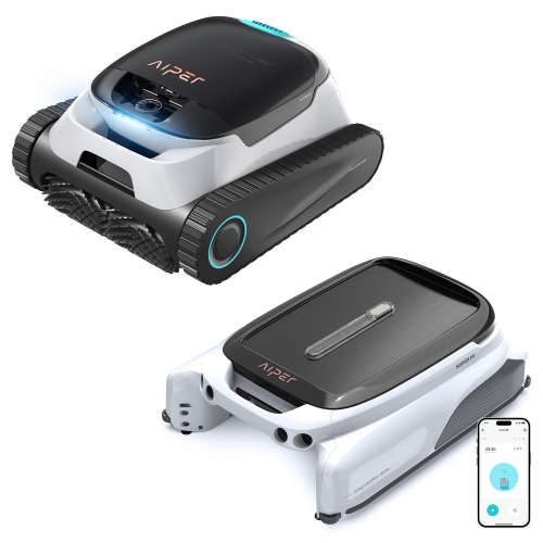 Aspirateur robot sans fil Scuba N1 avec Surfer M1 d'Aiper pour piscines creusées jusqu'à 1600&nbsp;pi² avec écumoire solaire