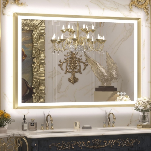 40 x 32 LED Bathroom Mirror with Lights Gold Metal Framed Front & Back Light Vanity Mirror Baroque Antifog Stepless Dimmable White/Warm/Natural, Wall