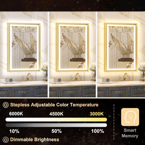 40 x 32 LED Bathroom Mirror with Lights Gold Metal Framed Front & Back Light Vanity Mirror Baroque Antifog Stepless Dimmable White/Warm/Natural, Wall