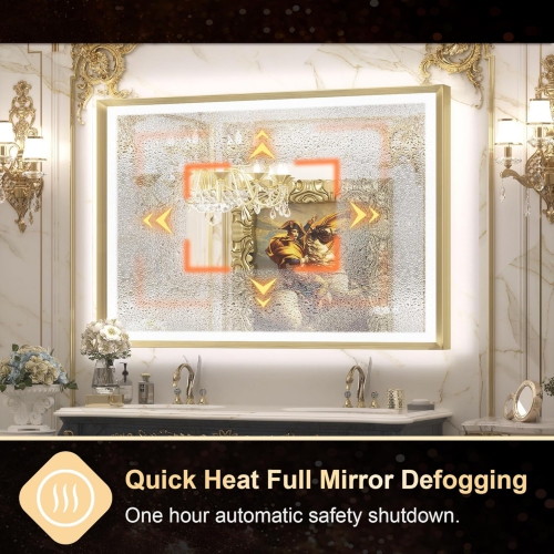 40 x 32 LED Bathroom Mirror with Lights Gold Metal Framed Front & Back Light Vanity Mirror Baroque Antifog Stepless Dimmable White/Warm/Natural, Wall