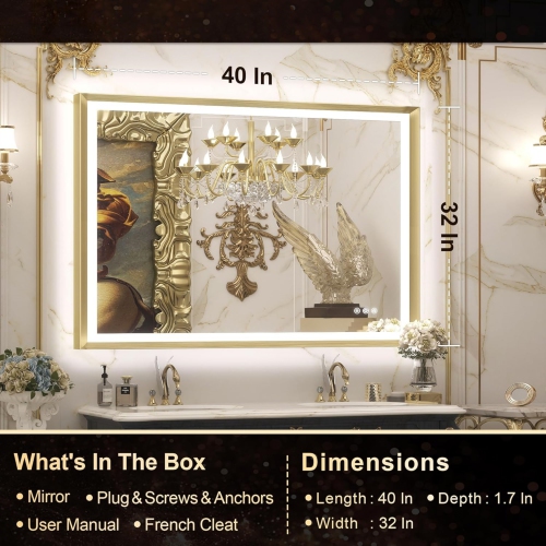 40 x 32 LED Bathroom Mirror with Lights Gold Metal Framed Front & Back Light Vanity Mirror Baroque Antifog Stepless Dimmable White/Warm/Natural, Wall