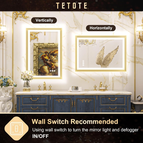 40 x 32 LED Bathroom Mirror with Lights Gold Metal Framed Front & Back Light Vanity Mirror Baroque Antifog Stepless Dimmable White/Warm/Natural, Wall