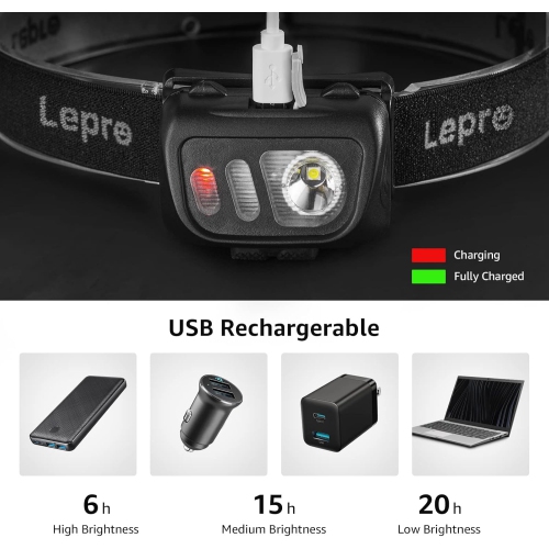 Lampe frontale rechargeable LED de Lepro avec détecteur de mouvement, 2 lampe frontale 1500Lux ultra-lumineuse avec 5 modes d'éclairage, lampe