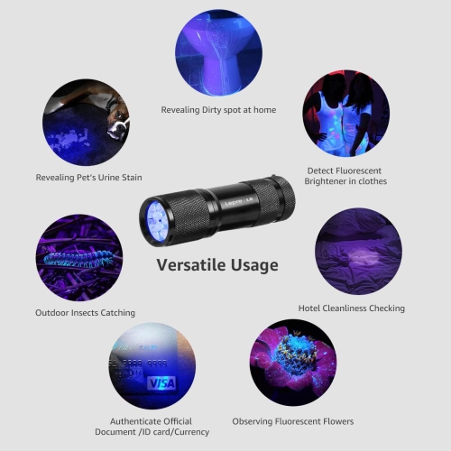 LE Small UV Flashlight, Portable Black Light with 9 LEDs, 395nm, Ultraviolet Light Detector for Invisible Ink Pens, Pet Dog Cat Urine Stain and More,