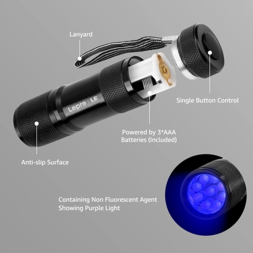 LE Small UV Flashlight, Portable Black Light with 9 LEDs, 395nm, Ultraviolet Light Detector for Invisible Ink Pens, Pet Dog Cat Urine Stain and More,