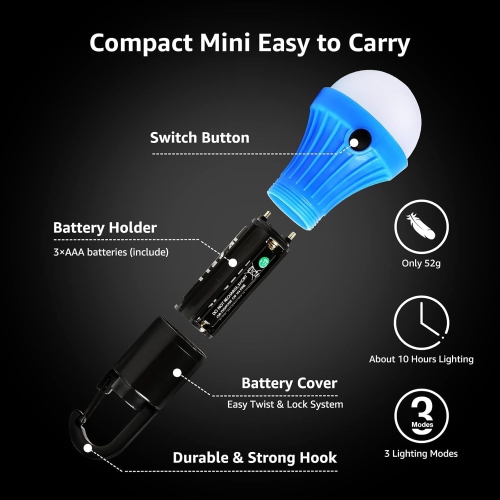 Lepro Compact Tent Light with Clip Hooks, Portable LED Hanging Tent Lights with 3 Lighting Modes, Dimmable Camping Lantern Bulbs for Hurricane