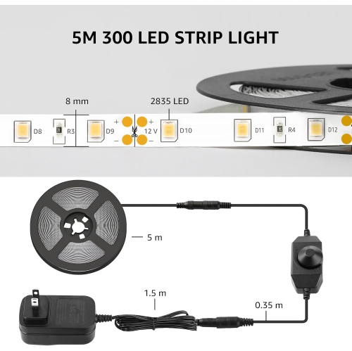 Lepro LED Strip Lights, 16.4ft 12V Dimmable Strip Lights, 6000K Daylight White, 300 Units 2835SMD LEDTape Light for Home, Kitchen, Bedroom, Car and