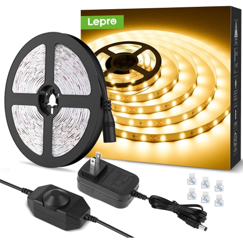 Lepro LED Strip Lights, 16.4ft 12V Dimmable and Flexible 3000K Warm White Strip Lights, 300 Units 2835SMD Tape Light for Home, Kitchen, Bedroom, Car