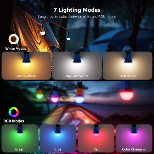 Lepro RGB Camping Light Bulbs, 7 Light Modes Rechargeable LED Camping Lanterns, Waterproof Hanging Tent Lights with Clip Hook for Camping, Fishing,
