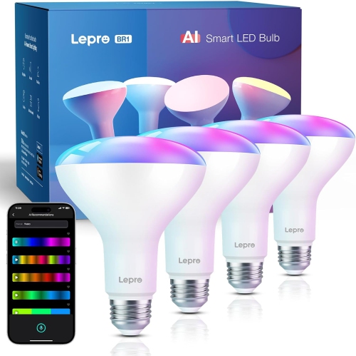 Lepro BR1 AI Smart Light Bulbs, Dimmable BR30 Bulbs, Work with Alexa & Google Home, Music Sync, RGBWW Colour Changing Light Bulb, Flood Light Bulbs,