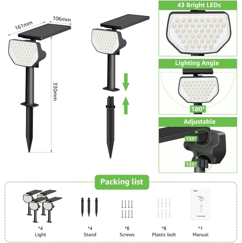 Lepro Solar Spotlights Outdoor 4-Pack, 43 LEDs Outdoor Solar Lights 6500K Daylight White, IP65 Waterproof, Dusk-to-Dawn, Auto On/Off Solar Garden