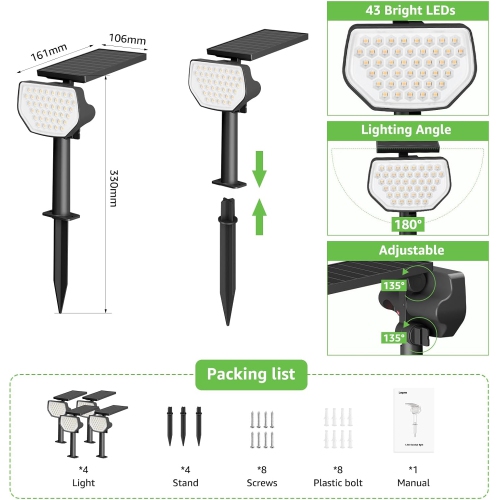 Lepro Solar Spotlights Outdoor 4-Pack, 43 LEDs Outdoor Solar Lights 3000K Warm White, IP65 Waterproof, Dusk-to-Dawn, Auto On/Off Solar Garden Lights