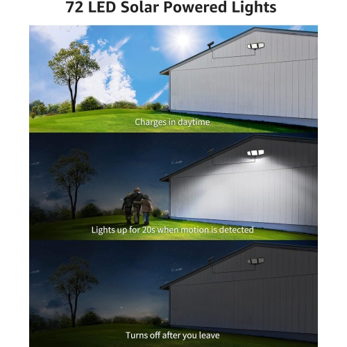 Lampe solaire à détecteur de mouvement extérieure de Lepro, 72 lampe solaire de sécurité 1000&nbsp;lm de LED Panneau solaire séparé, 3 têtes