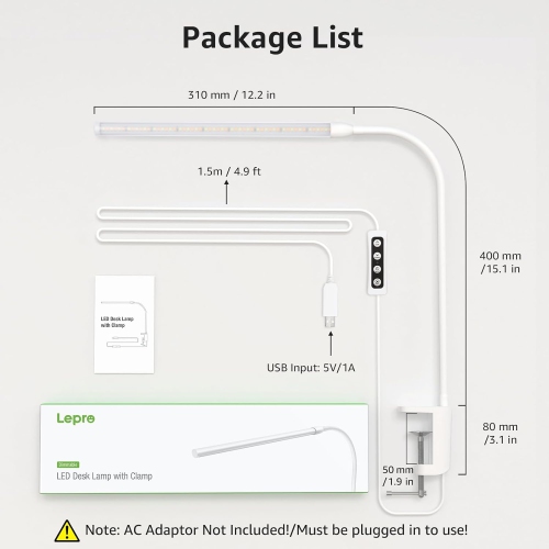 Lepro Desk Lamp with Clamp Clip on Light, Flexible Gooseneck Desk Light, Dimmable LED Reading Light with 3 Color Modes 10 Brightness, Eye-Caring