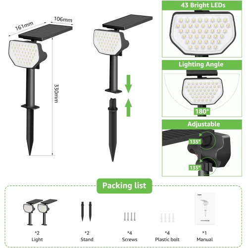 Lepro Solar Spotlights Outdoor 2-Pack, 43 LEDs Outdoor Solar Lights 6500K Daylight White, IP65 Waterproof, Dusk-to-Dawn, Auto On/Off Solar Garden