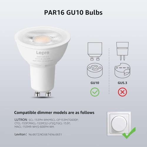 Lepro GU10 LED Bulbs, Dimmable GU10 Light Bulb, 5000K Daylight White Bulbs, 5.5W PAR16 LED Spotlight Bulb, 50W Halogen Equivalent Track Lighting Bulb