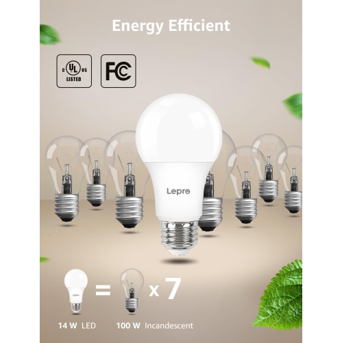 Lepro Dimmable LED Light Bulbs 100 Watt Equivalent, 14W 1500LM Daylight White 5000K, A19 E26 Standard Medium Base, UL FCC Listed, 15000 Hour