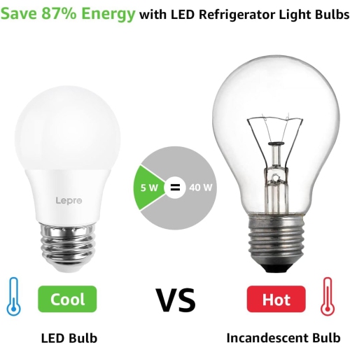 Lepro Refrigerator Light Bulb 40W Equivalent, A15 E26 Appliance Light Bulb for Fridge, Non-dimmable, 5W 120V 450lm Waterproof Moistureproof Fridge
