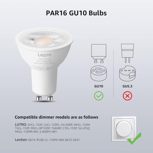 Lepro Dimmable GU10 Light Bulbs, 3000K Soft Warm Light GU10 LED Bulbs, 5.5W(50W Halogen Equivalent) PAR16 LED Spotlight Bulb, Track Lighting Bulb for