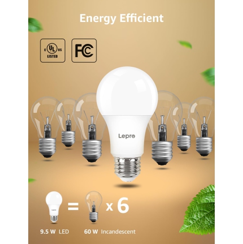 Lepro Dimmable LED Light Bulbs, 60W Equivalent LED Bulb 6 Packs, 2700K Warm White, 9.5W 800LM A19 E26 Standard Medium Base, UL FCC Listed, 15000 Hour