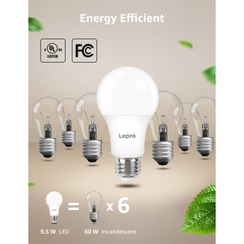 Paquet de 6 ampoules LED à intensité réglable de Lepro, ampoule LED équivalente à 60&nbsp;W, blanc jour 5000 K, 9,5&nbsp;W 800LM A19 E26 standard à