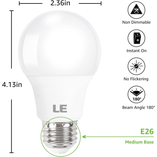 LE LED Light Bulb, 60 Watt Equivalent, 9W 800lm 5000K Daylight White LED Bulb, Non-dimmable Light Bulb, A19 E26 Standard Base, 10000 Hour Lifetime, 5