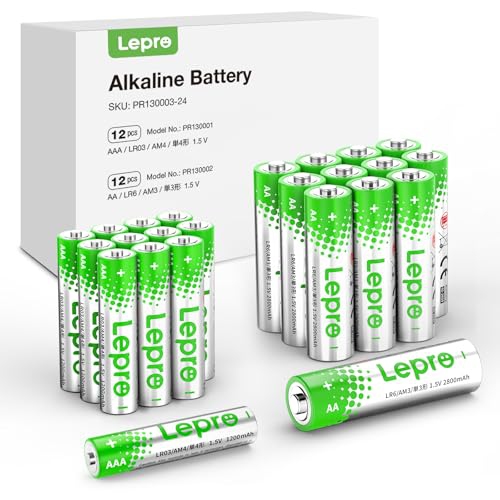 Lepro 24 Pack AA and AAA Batteries Combo Pack, High-Performance Alkaline Batteries, Included 12 Double AA Batteries & 12 Triple AAA Batteries, Long