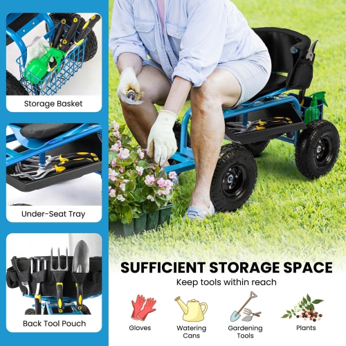 Costway Rolling Garden Cart Height Adjustable Scooter with Swivel Seat & Tool Storage