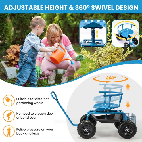 Costway Rolling Garden Cart Height Adjustable Scooter with Swivel Seat & Tool Storage