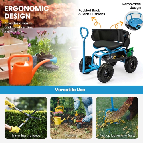 Costway Rolling Garden Cart Height Adjustable Scooter with Swivel Seat & Tool Storage